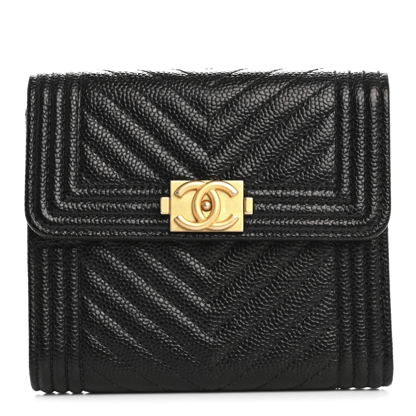 Caviar Chevron Quilted Boy Compact Wallet Black