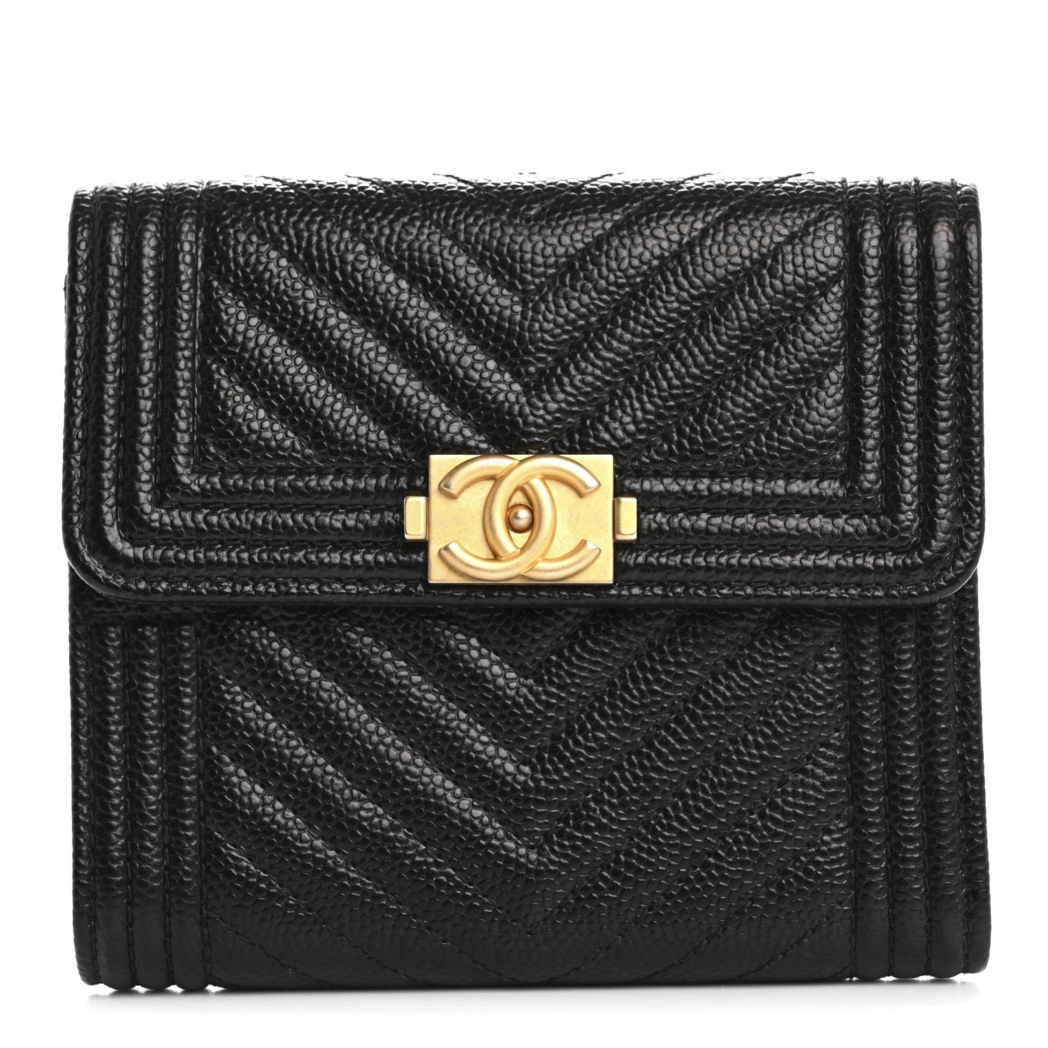 Chanel Caviar Chevron Quilted Boy Compact Wallet Black 1 of 7