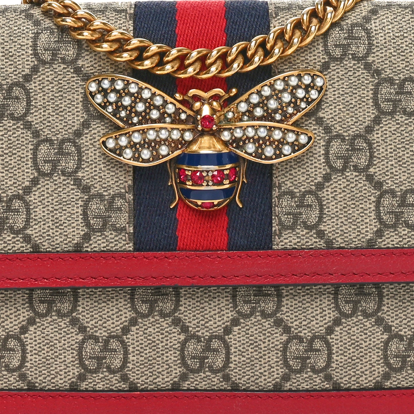 GG Supreme Monogram Web Queen Margaret Chain Wallet Red