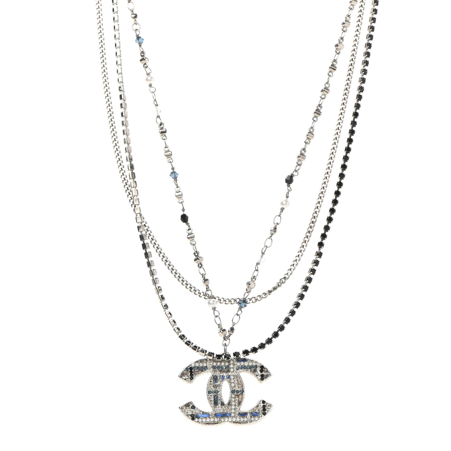 Crystal Pearl Tweed Effect Multi Strand CC Short Necklace Silver Blue Black