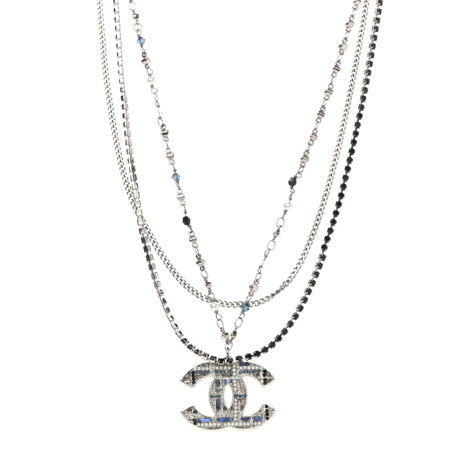 Chanel Crystal Pearl Tweed Effect Multi Strand CC Short Necklace Silver Blue Black 1 of 7