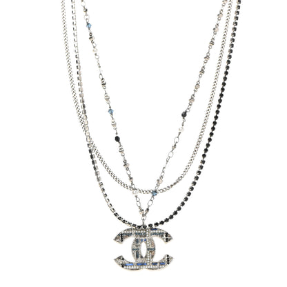 Chanel Crystal Pearl Tweed Effect Multi Strand CC Short Necklace Silver Blue Black 1 of 7