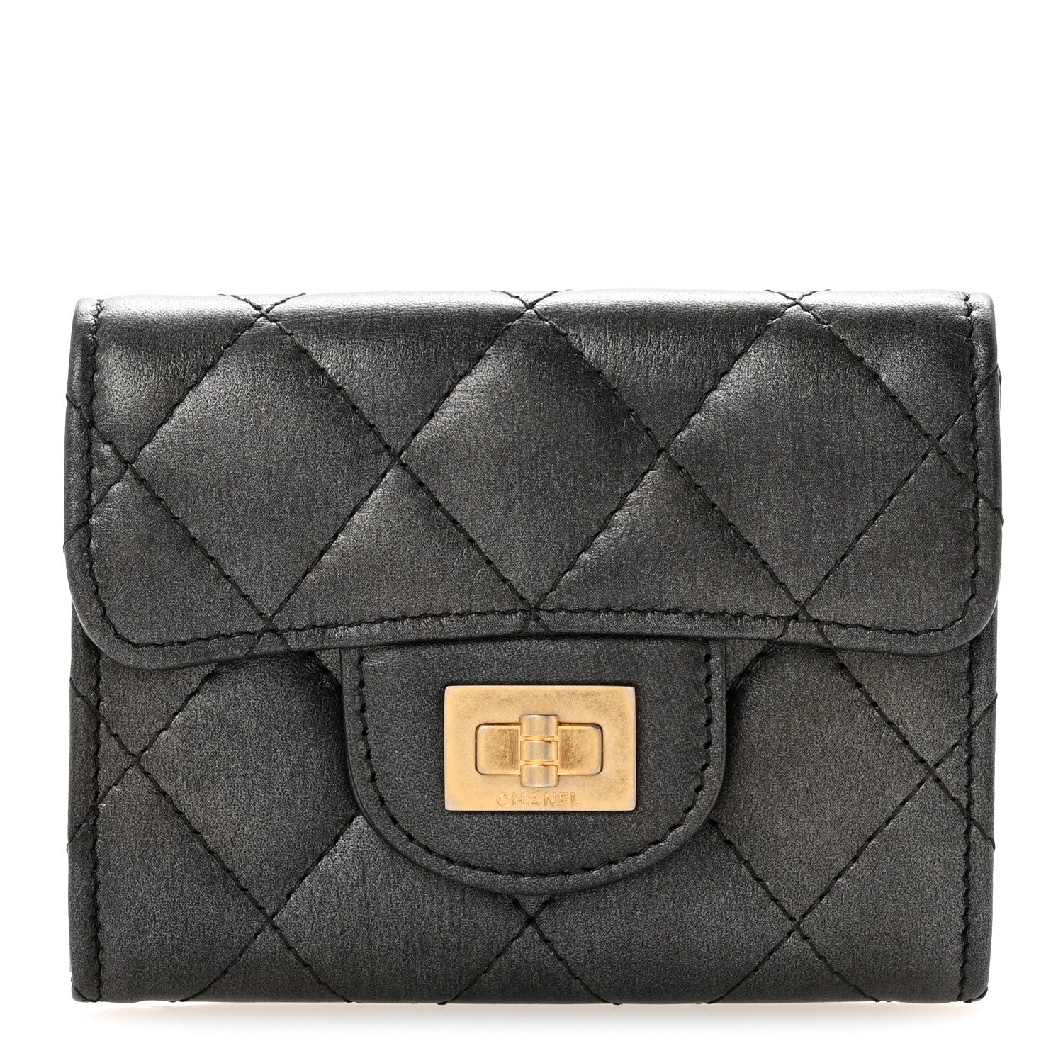 Chanel Metallic Calfskin Quilted Reissue Card Holder Wallet Charcoal 1 of 10