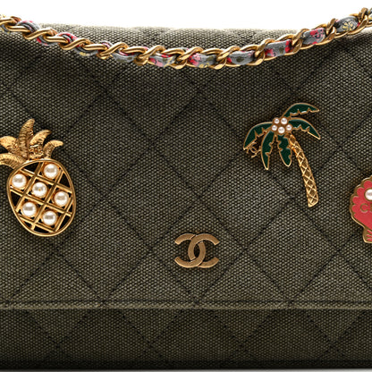 Chanel Canvas Quilted Coco Cuba Charms Wallet on Chain WOC Khaki 8 of 11