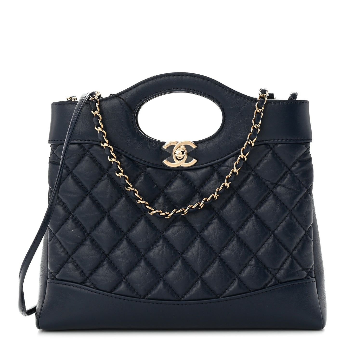 Shiny Crumpled Calfskin Quilted Mini 31 Shopping Bag Navy Blue