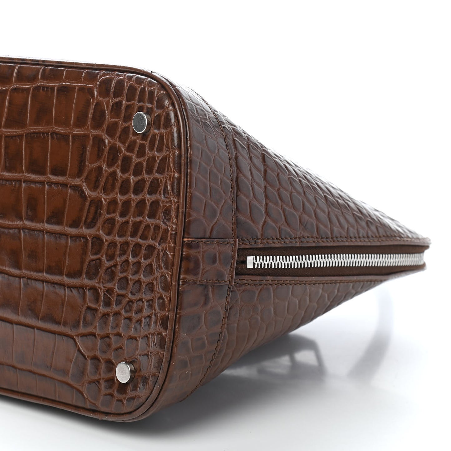 Crocodile Embossed Calfskin Large Bowler Bag Brown