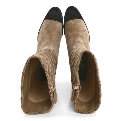 Chanel Suede Quilted CC High Boots 38 Dark Beige Black 2 of 9