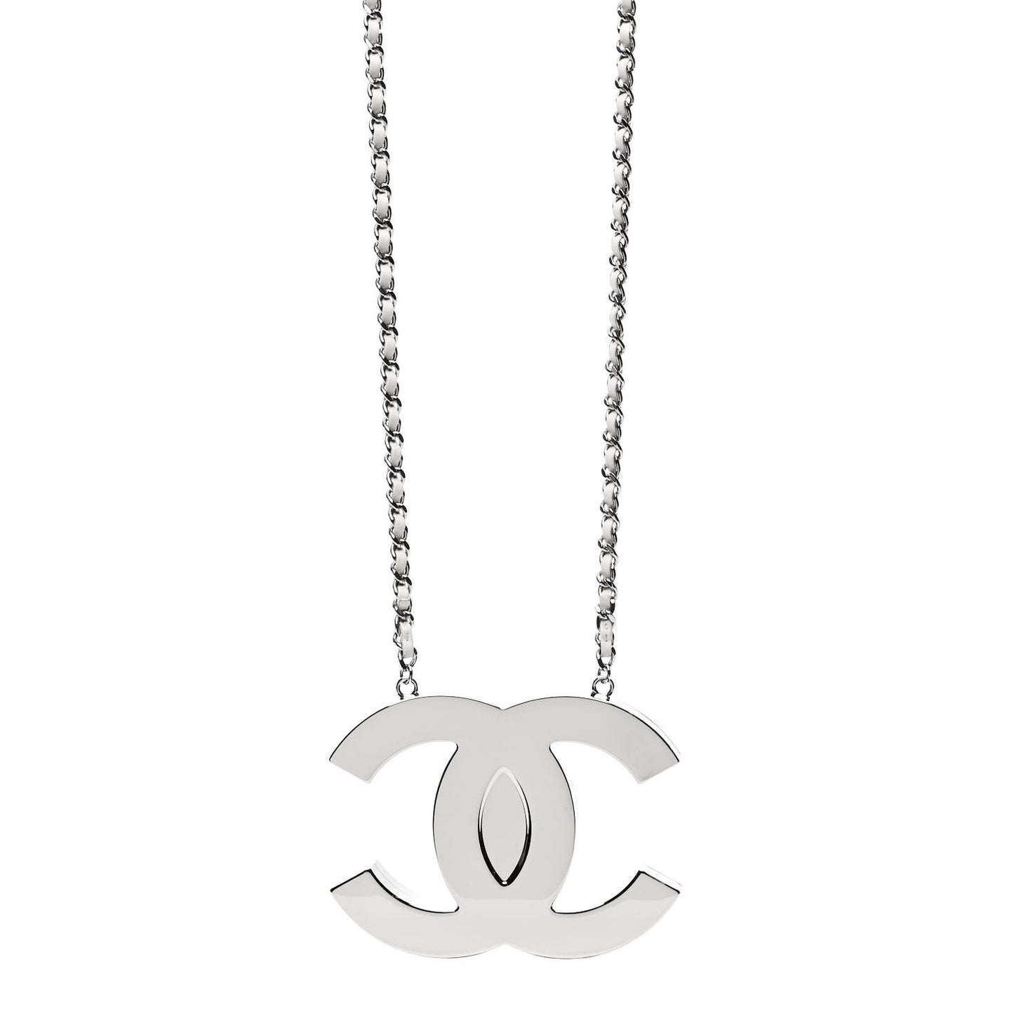 Metal Calfskin CC Locket Long Necklace Silver White