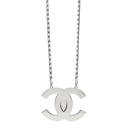 Chanel Metal Calfskin CC Locket Long Necklace Silver White 1 of 6