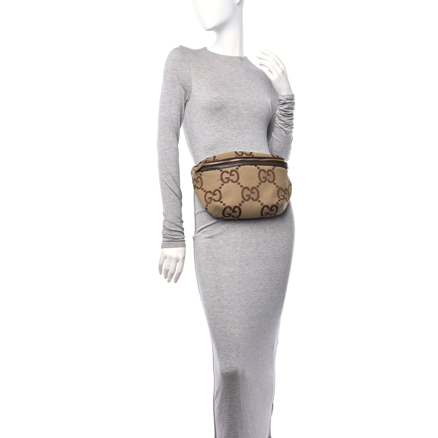 Gucci Monogram Jumbo GG Textured Dollar Calfskin Web Belt Bag Camel Ebony New Acero 2 of 10