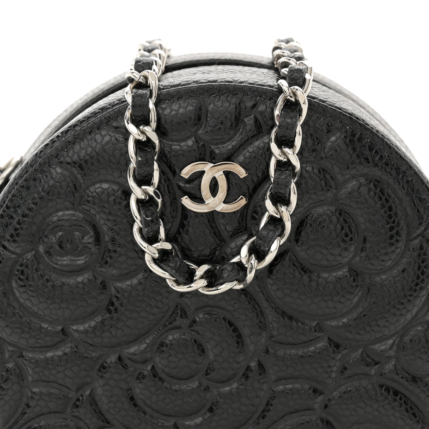 Caviar Camellia Embossed Round Clutch With Chain Black