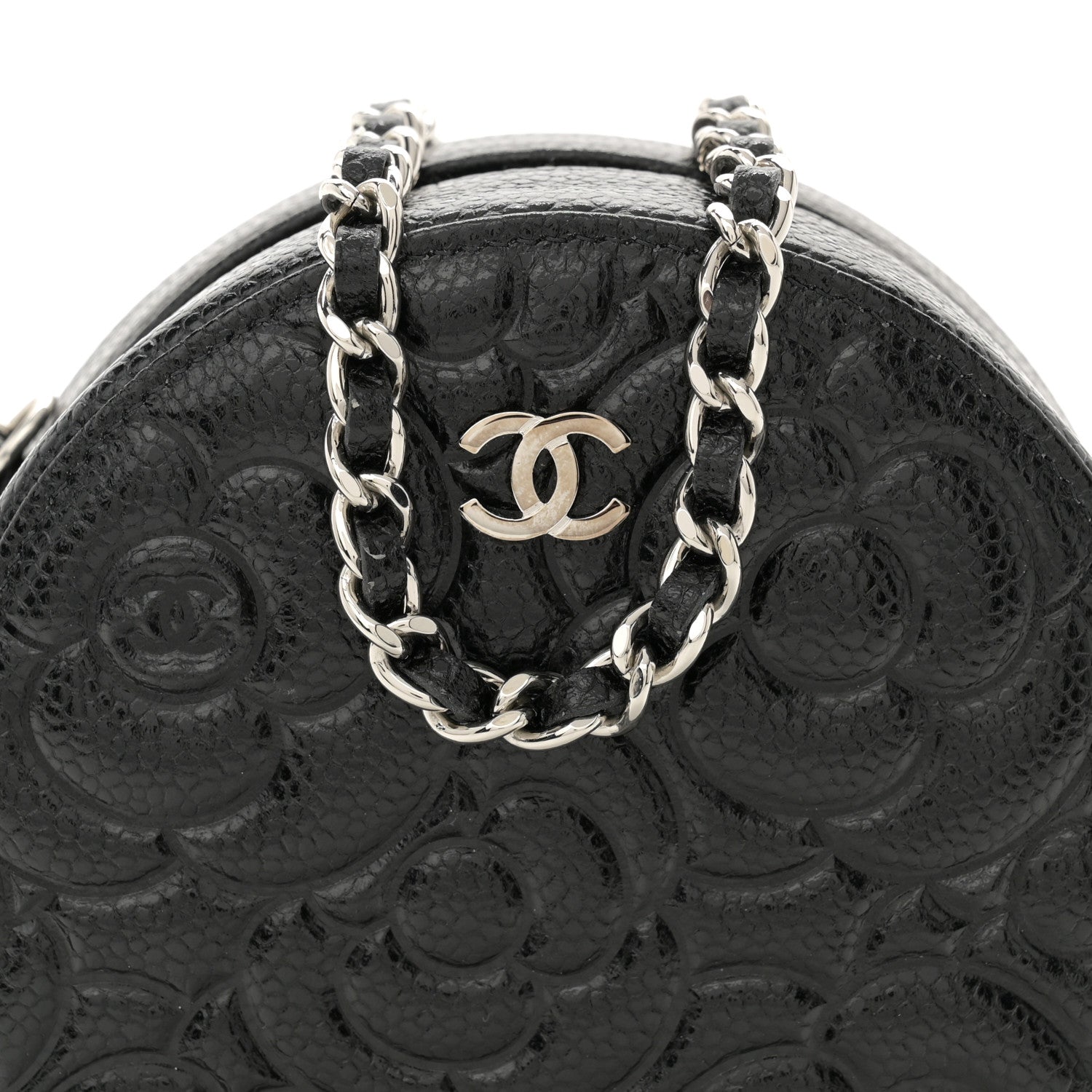 Chanel Caviar Camellia Embossed Round Clutch With Chain Black 8 of 11