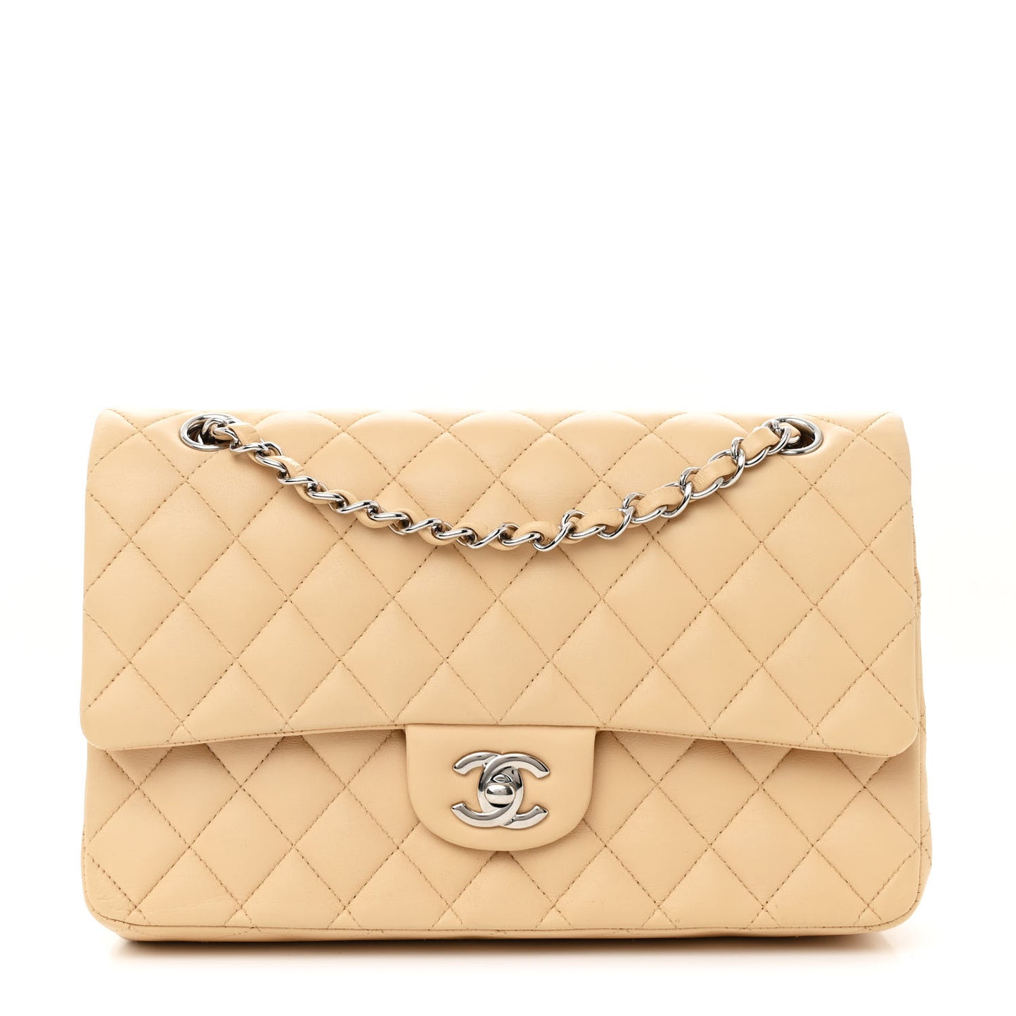 Lambskin Quilted Medium Double Flap Beige