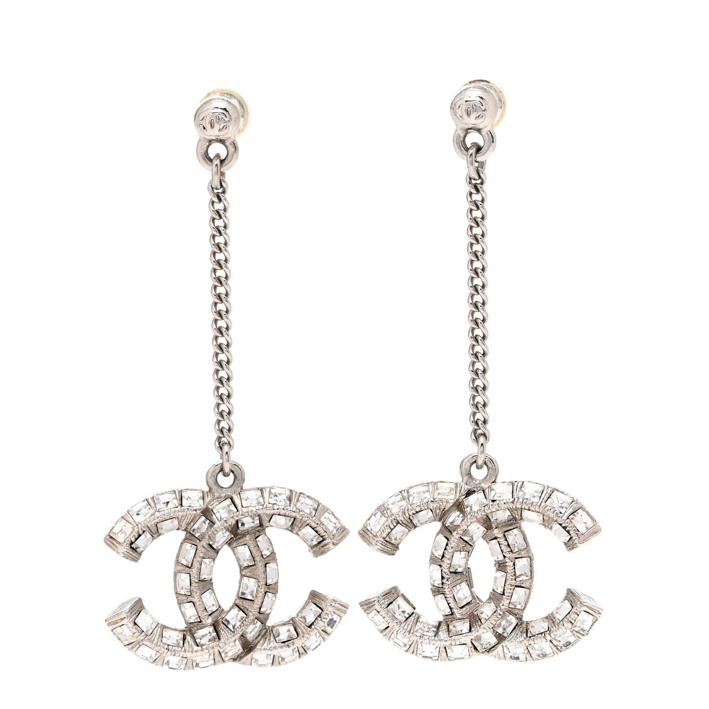 Baguette Crystal CC Drop Earrings Silver
