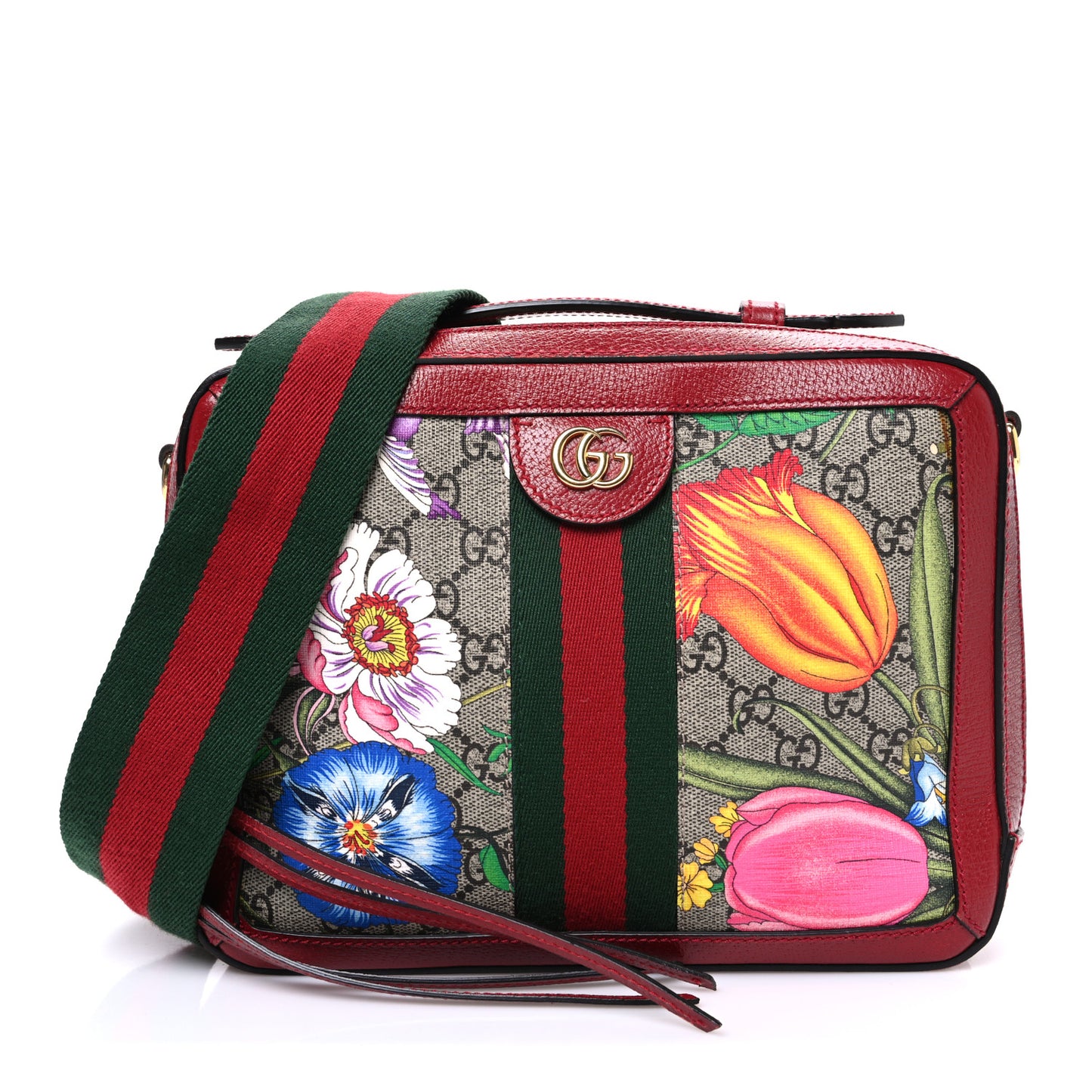 GG Supreme Monogram Flora Web Small Ophidia Top Handle Shoulder Bag Hibiscus Red