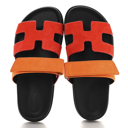 Hermes Suede Goatskin Womens Chypre Sandals 37.5 Rouge Ecarlate Sunset 2 of 10