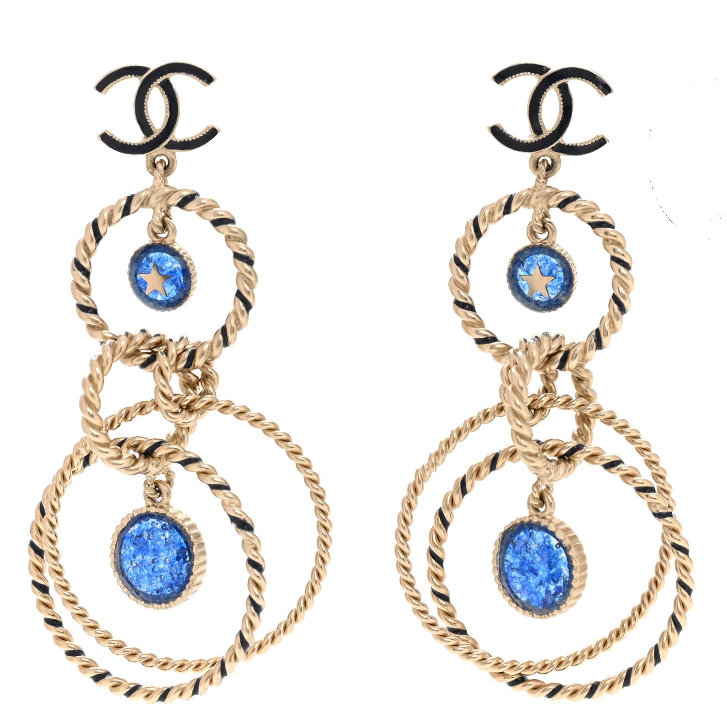 Chanel Resin Star Twisted CC Drop Earrings Blue Gold 1 of 4