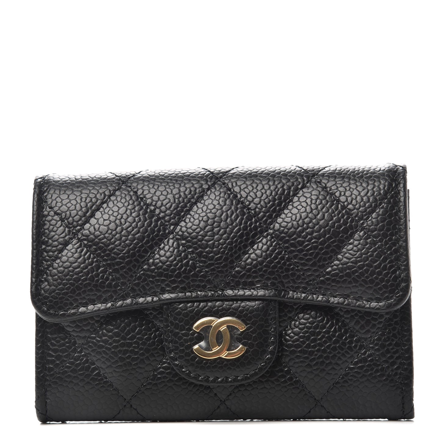 Caviar Quilted Flap Card Holder Wallet Black