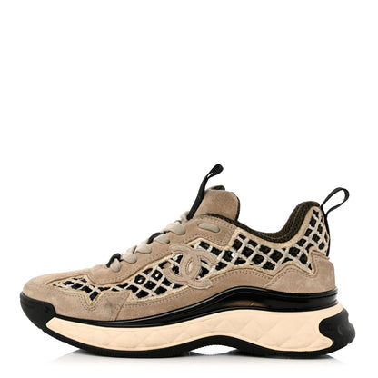 Chanel Suede Calfskin Embroidered CC Sneakers 36 Beige Black 1 of 12