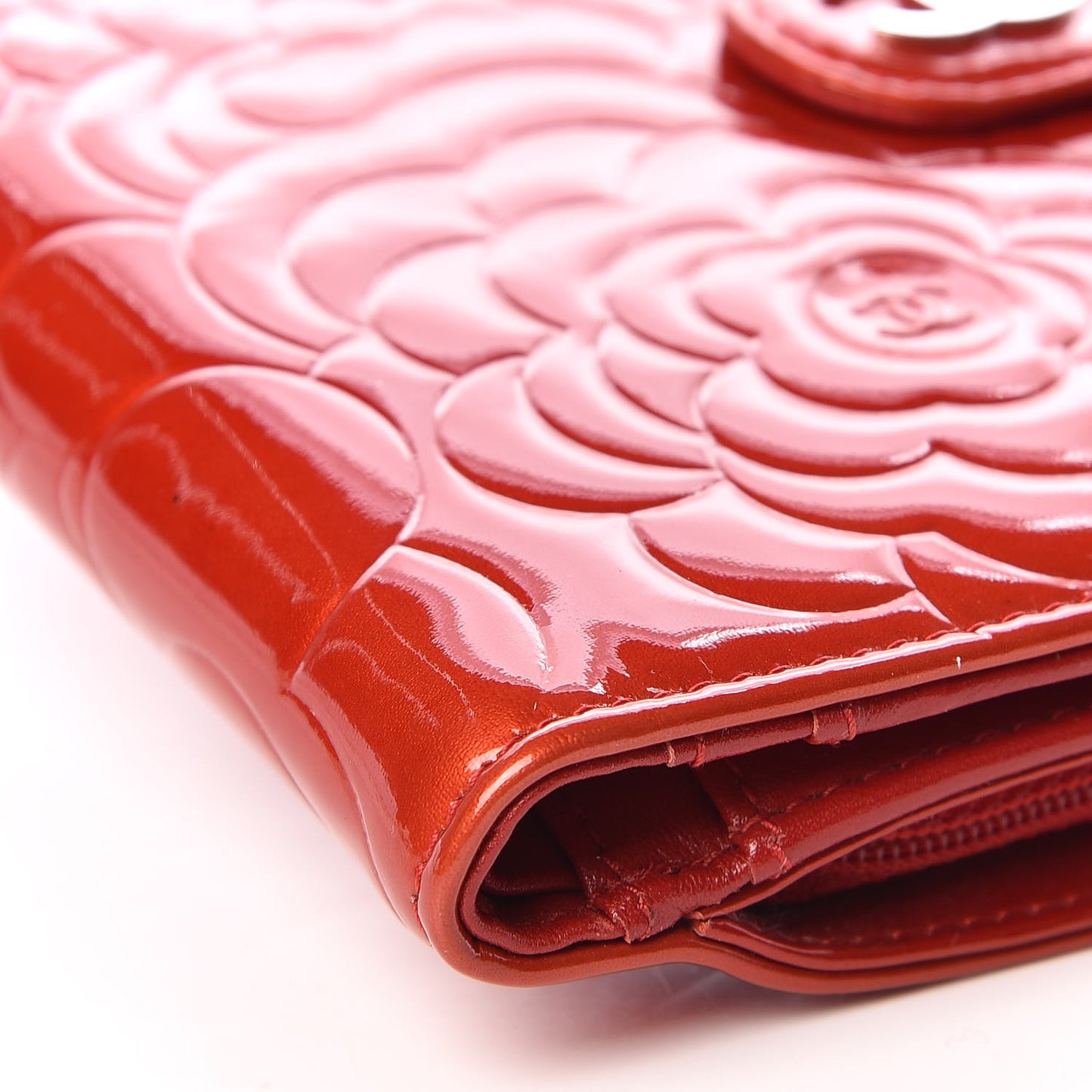 Patent Camellia Embossed Zipped Pocket Wallet Dark Red
