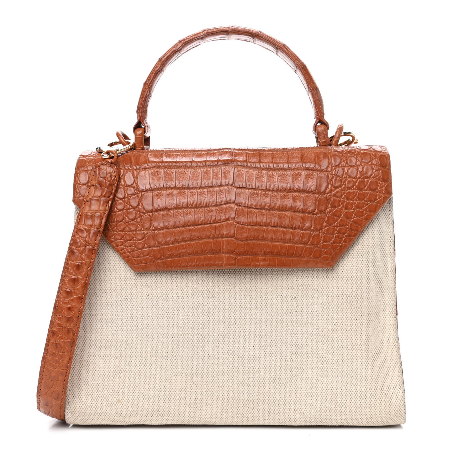 Linen Crocodile Top Handle Bag Natural Brown