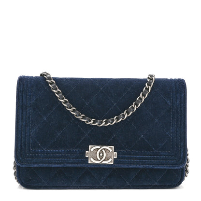 Chanel Velvet Quilted Boy Wallet On Chain WOC Blue 1 of 12