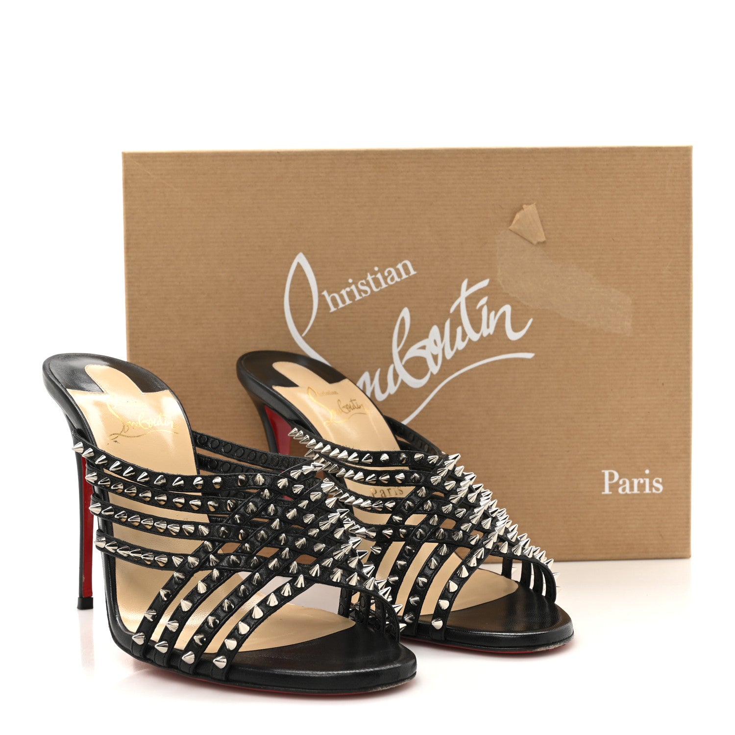 Christian Louboutin Kid Studded Marthaspike 100 Slide Sandals 37.5 Black Silver 11 of 11