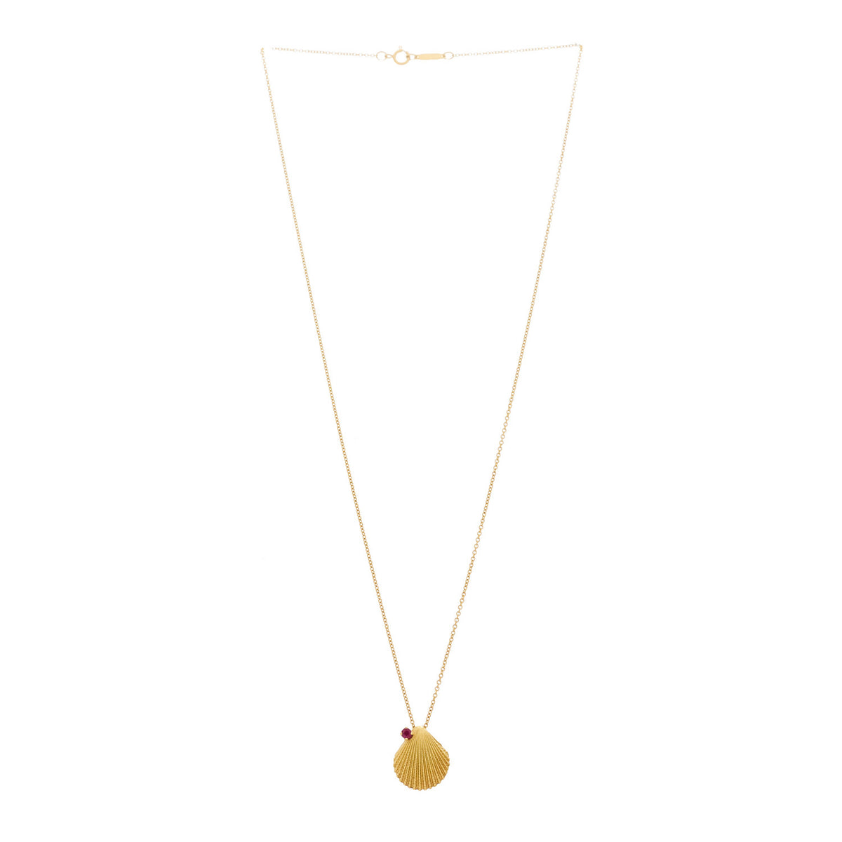 18K Yellow Gold Ruby Seashell Pendant Necklace