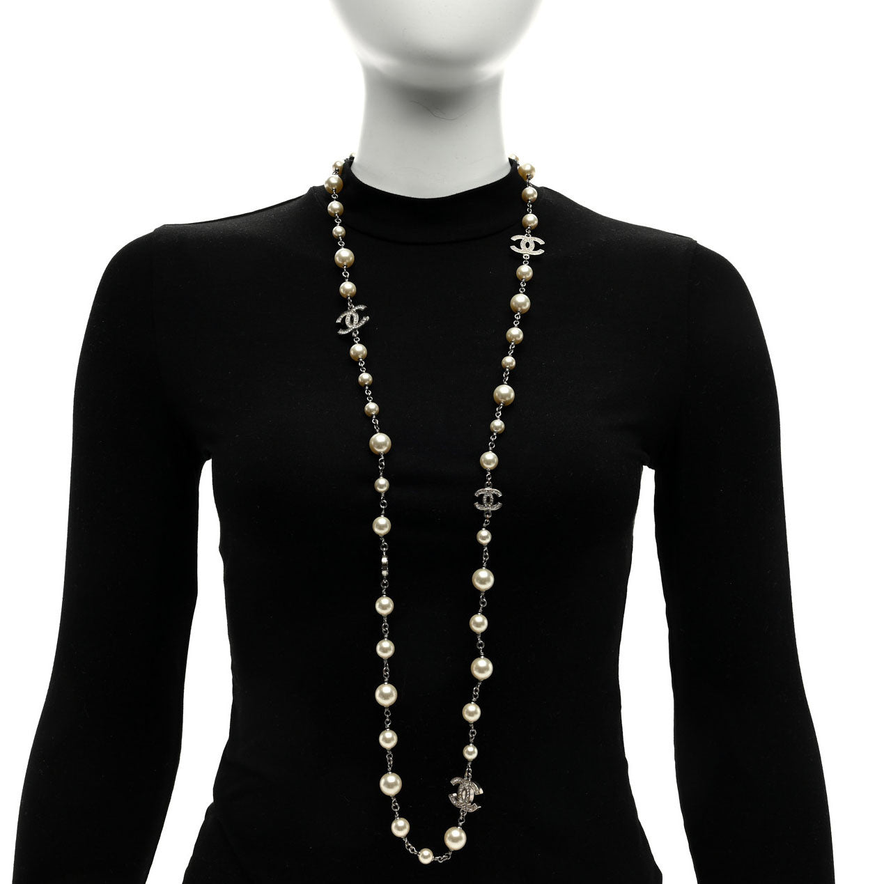 Chanel Pearl Crystal CC Starfall Necklace Silver 2 of 5