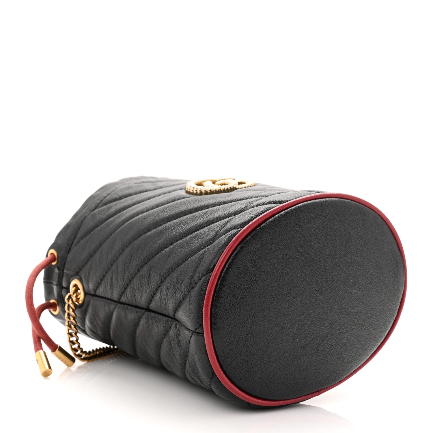 Gucci Vintage Effect Calfskin Matelasse Diagonal Mini Torchon GG Marmont 2.0 Bucket Bag Black Romantic Cherry 4 of 10