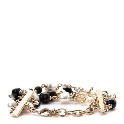 Chanel Pearl Bead Crystal CC Multi Strand Byzantine Chain Bracelet Black Gold 3 of 4