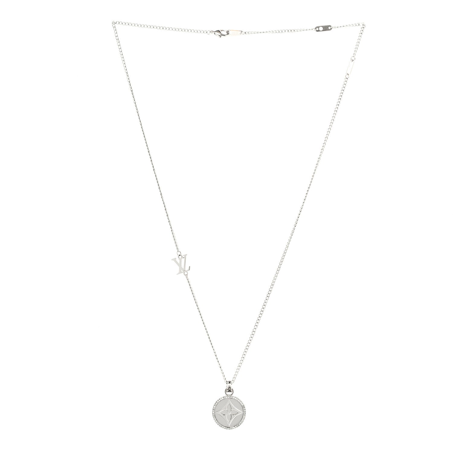 Louis Vuitton Metal Crystal Twisted Flower Pendant Necklace Silver 3 of 7