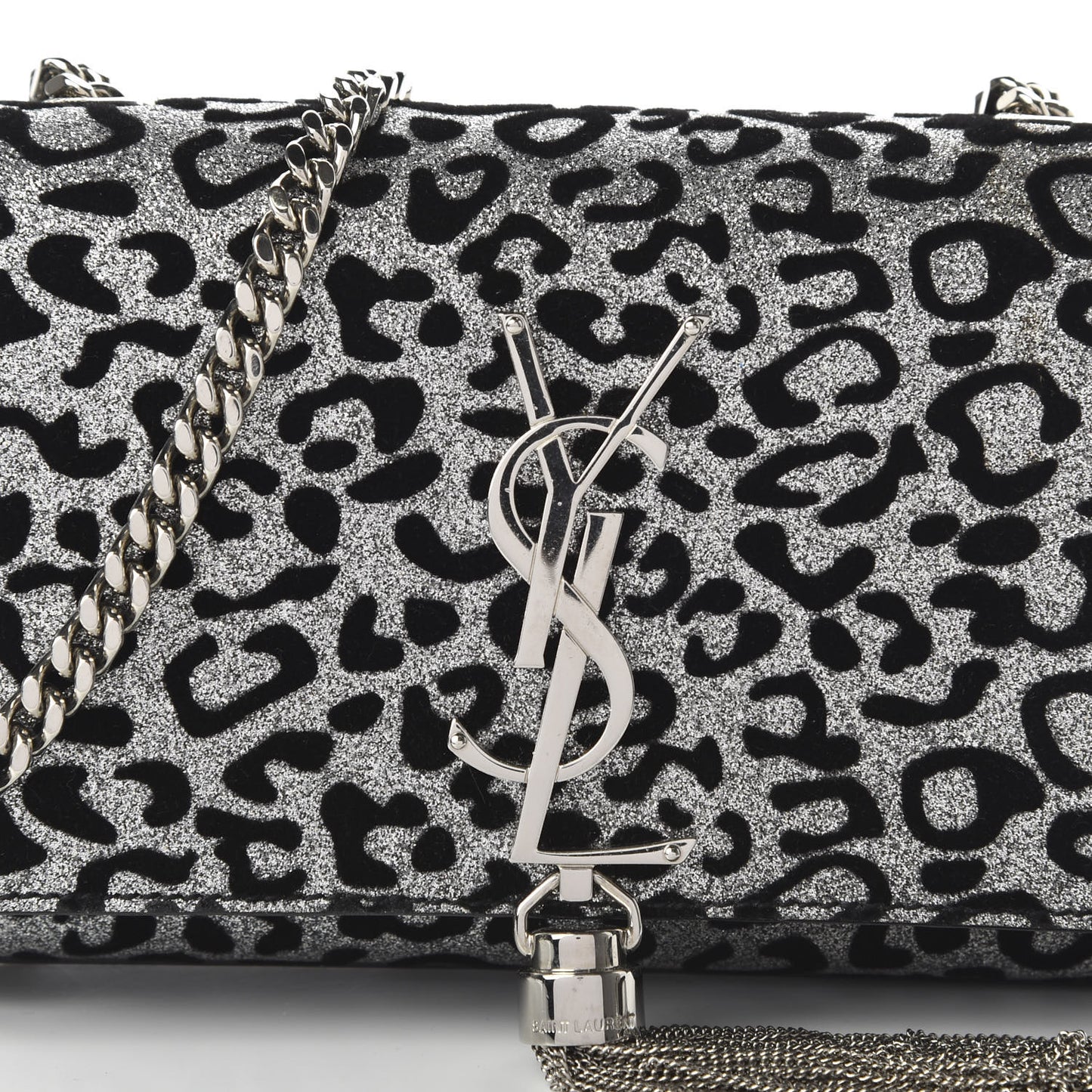 Glitter Leopard Small Monogram Kate Tassel Satchel Platine Black