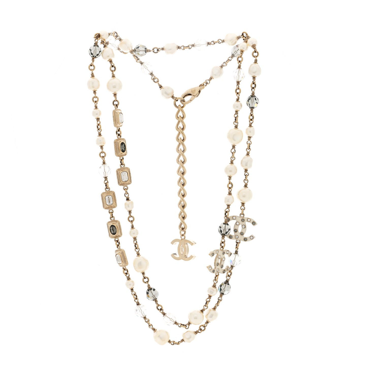 Pearl Bead Enamel CC Long Necklace Gold Grey