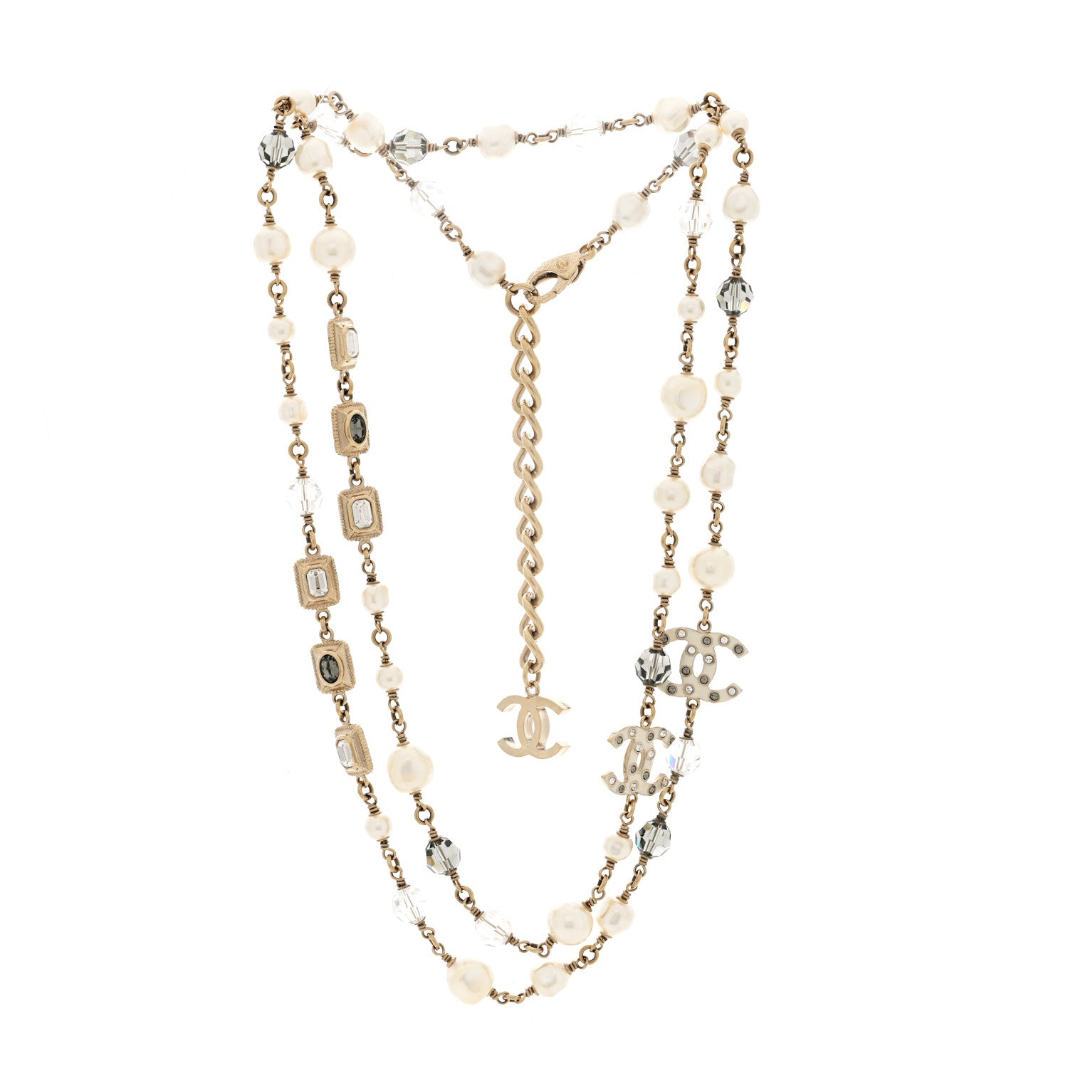 Chanel Pearl Bead Enamel CC Long Necklace Gold Grey 3 of 4