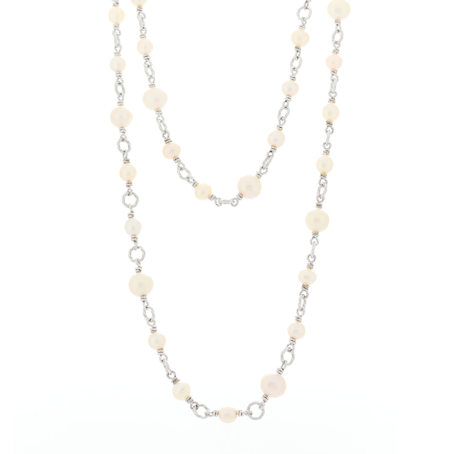 Sterling Silver Cultured Pearl Quatrefoil Long Chain Necklace