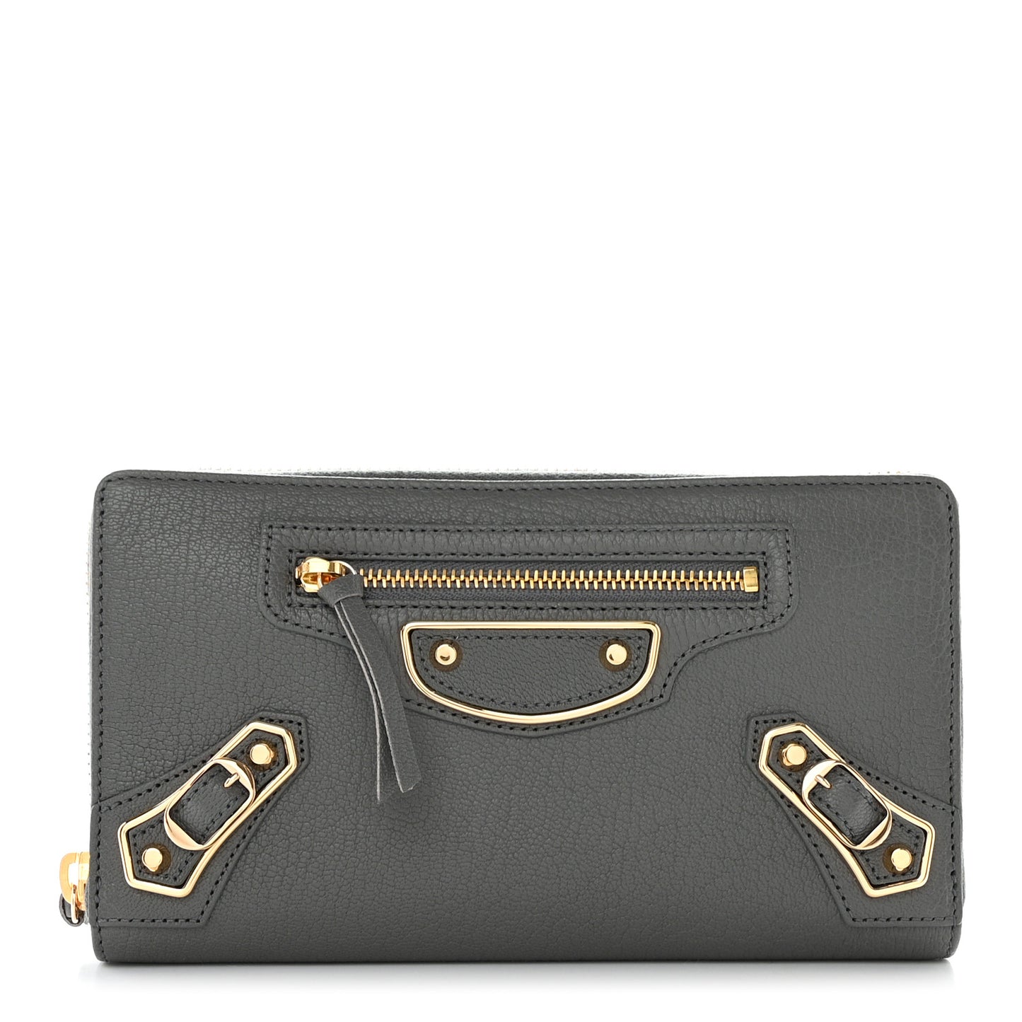 Chevre Gold Metallic Edge Hardware Zip Around Wallet Gris Acier
