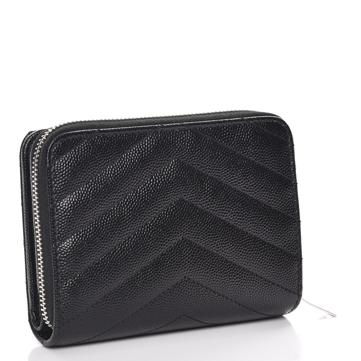 Saint Laurent Grain De Poudre Matelasse Chevron Monogram Compact Zip Around Wallet Black 3 of 9
