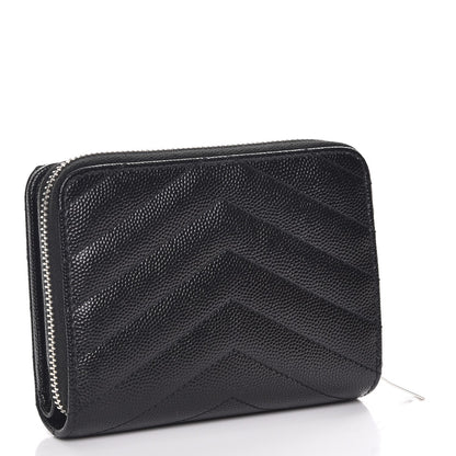Saint Laurent Grain De Poudre Matelasse Chevron Monogram Compact Zip Around Wallet Black 3 of 9