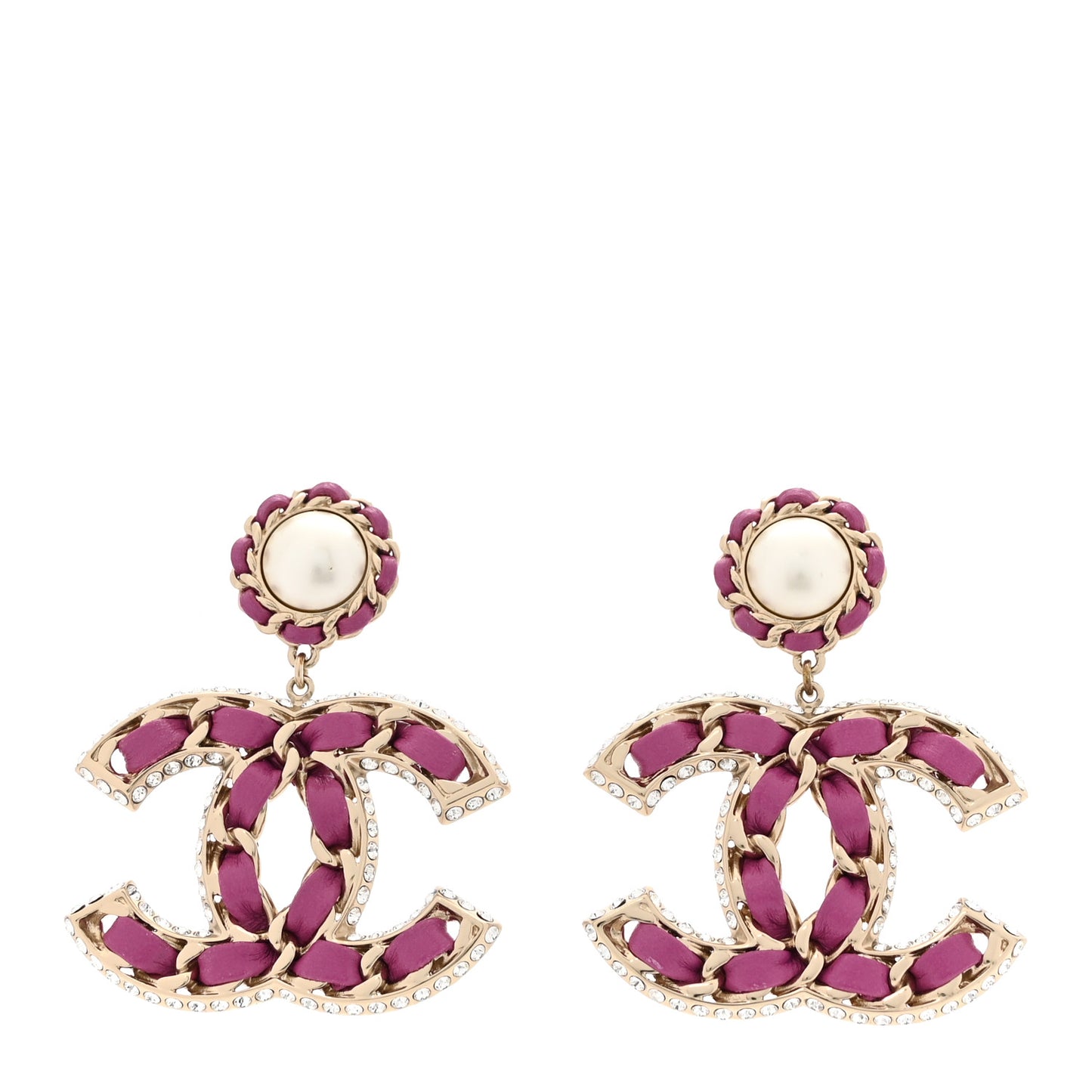 Pearl Lambskin Crystal Chain CC Drop Earrings Pink
