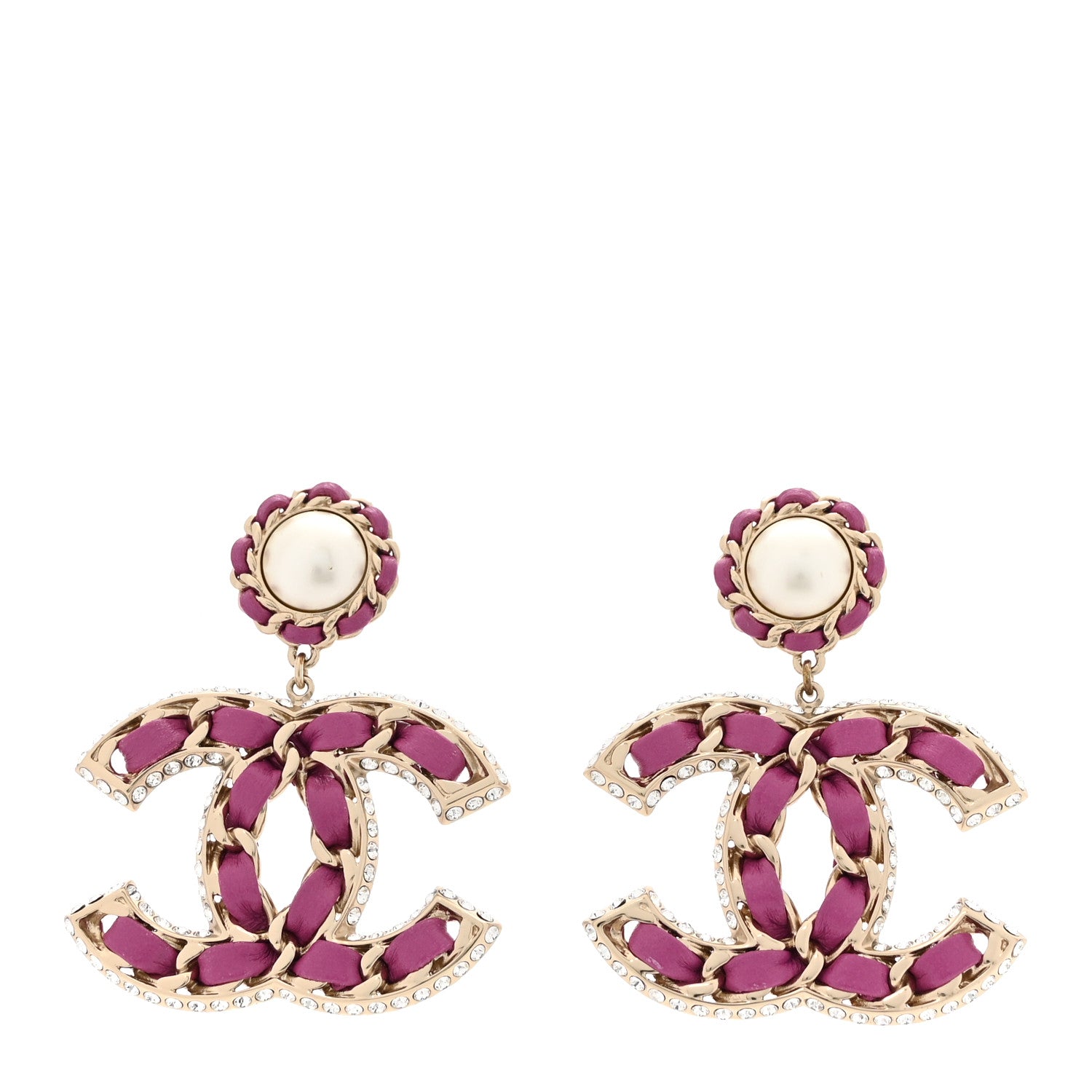 Chanel Pearl Lambskin Crystal Chain CC Drop Earrings Pink 1 of 6