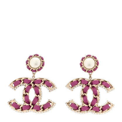 Chanel Pearl Lambskin Crystal Chain CC Drop Earrings Pink 1 of 6