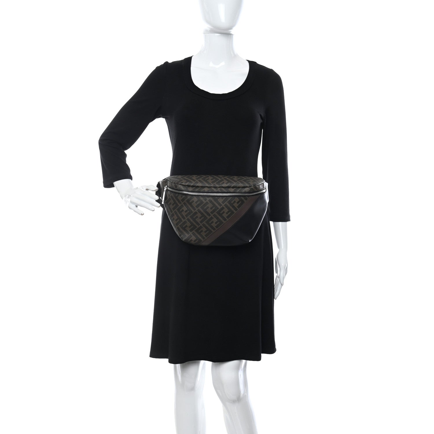 Fendi Glazed Fabric Vitello Liberty FF 1974 Diagonal Belt Bag Tobacco Moresco Black 2 of 10