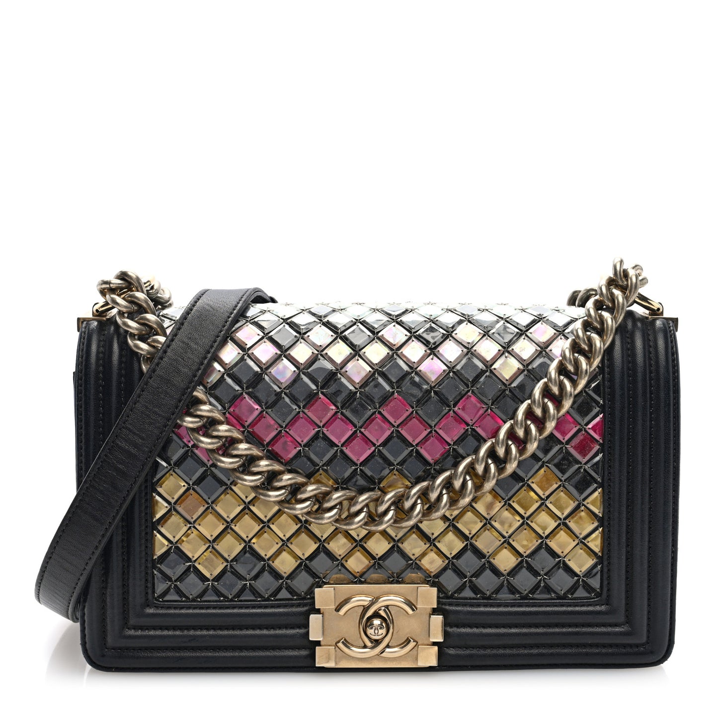 Lambskin Tile Embroidered Medium Brasserie Mosaic Boy Flap Black Multicolor