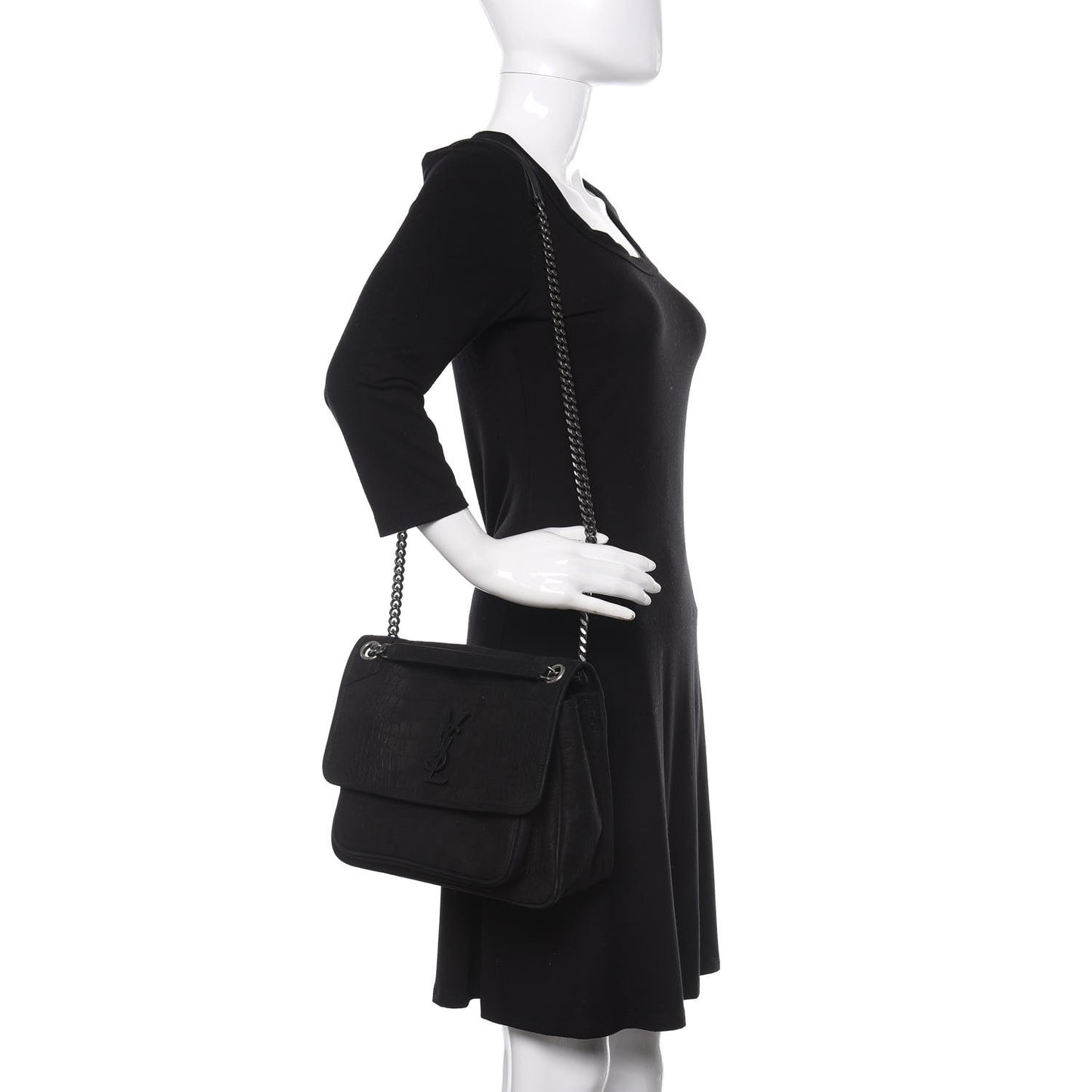 Nubuck Crocodile Embossed Monogram Medium Niki Chain Satchel Black