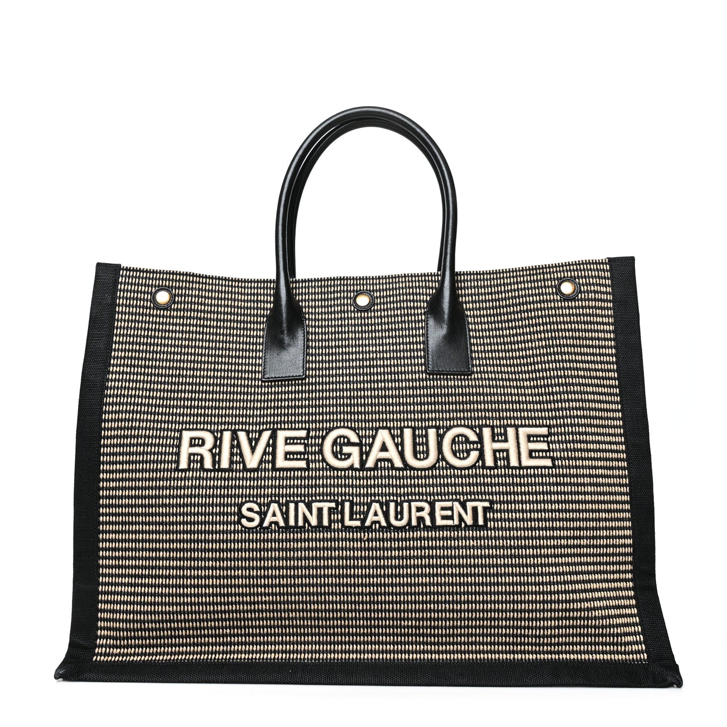 Embroidered Cotton Linen Rive Gauche Noe Tote Black Beige