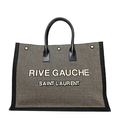 Saint Laurent Embroidered Cotton Linen Rive Gauche Noe Tote Black Beige 1 of 9