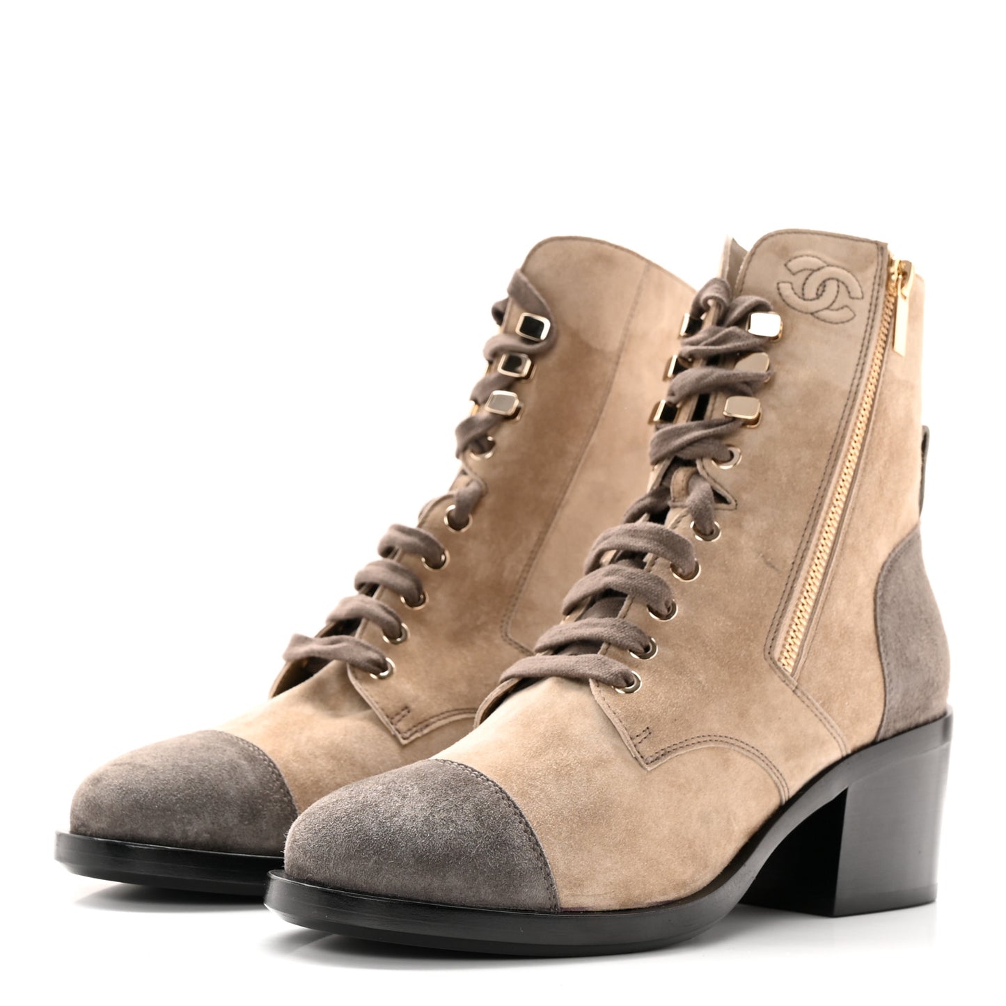 Suede Calfskin CC Lace Up Short Boots 40 Light Beige