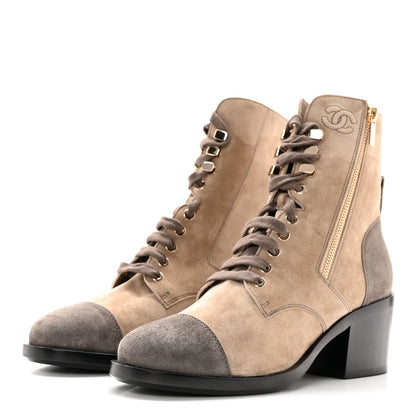 Chanel Suede Calfskin CC Lace Up Short Boots 40 Light Beige 3 of 14
