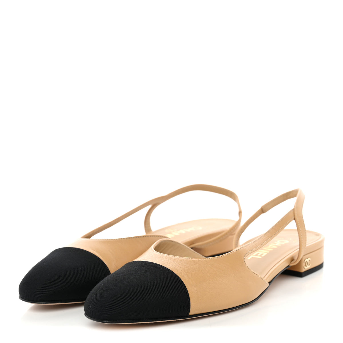Chanel Goatskin Grosgrain Cap Toe CC Slingback Sandals 38.5 Beige Black 4 of 10